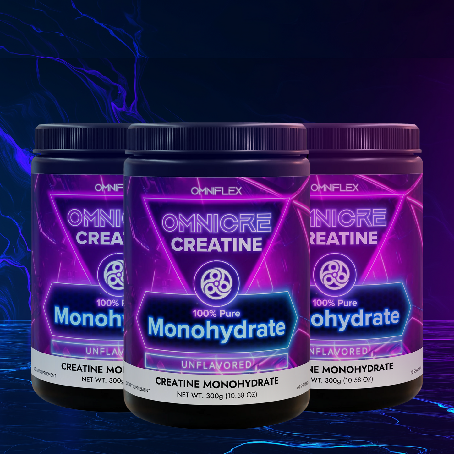 Three bottles of Omnicre Creatine Monohydrate on a dark background with glowing blue and purple effects.